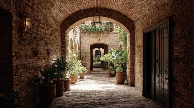 Stunning ancient brick archway leading to a serene, sun-drenched European courtyard filled with lush potted plants and historical charm, perfect for travel and lifestyle content. - Powered by Adobe