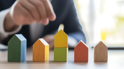 Colorful Wooden Houses: A line of toy wooden houses in various colors represents investment, development, and home ownership. A hand reaches towards the houses.