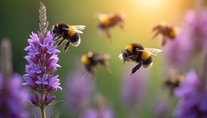 Several fuzzy bumblebees fly around purple verbena flowers in sunlit garden. Insects gather nectar for honey. Bees perform vital pollination work.