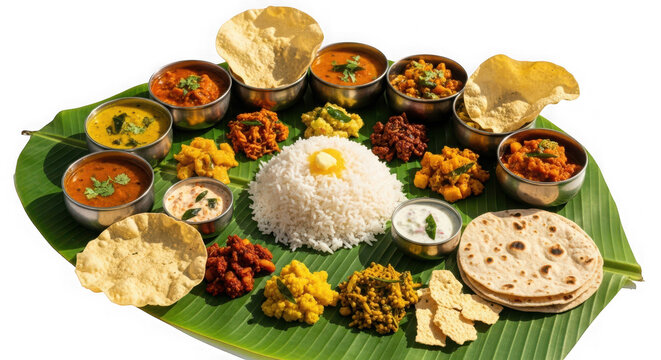 Traditional south indian thali meal served on banana leaf isolated on transparent background