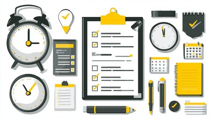 Boost your productivity with essential time management tools like modern clocks, detailed checklists, and calendars for efficient daily planning and successful project completion.