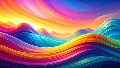 Obraz premium A vibrant, abstract artwork depicting swirling waves of color resembling a dynamic landscape with a bright, sunlit horizon