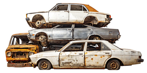 Stacked rusty old cars on white background png isolated on a transparent background