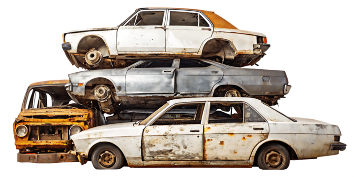 Stacked rusty old cars on white background png isolated on a transparent background