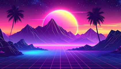 A vibrant landscape with retro aesthetics features a neon sun, mountains, palm trees, and a grid. The colors are purple, pink, and yellow