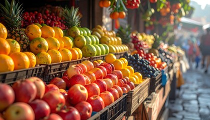 A vibrant market stall showcasing a variety of fresh fruits under a sunny sky. Rows of colorful produce attract buyers