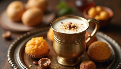Close up photo of sweet lassi in brass cup on table with snacks. Traditional indian drink with dessert and nuts. Culinary beverage and refreshment serving.
