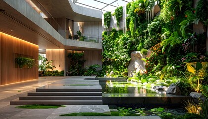 Obraz premium Serene modern architectural interior featuring a vibrant living green wall, elegant water garden, and abundant natural light, embodying sustainable biophilic design