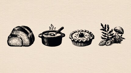 Hand-drawn minimal black and white illustration of classic bakery and soup elements for culinary branding or cafe menu design