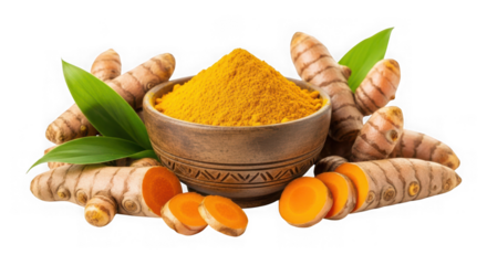 Turmeric root and powder in bowl isolated on transparent background for design