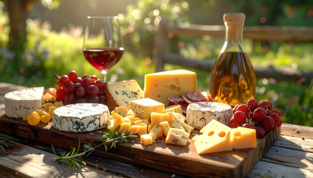 A vibrant outdoor scene of a cheese and wine assortment on a wooden board, featuring various cheese types, grapes, and a bottle
