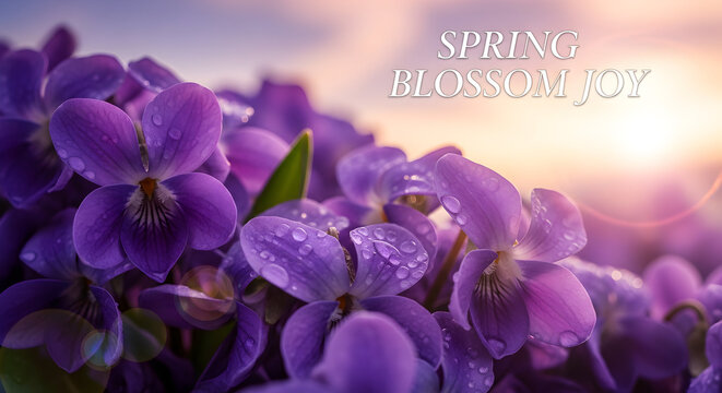 Close-up of vibrant purple spring flowers with water droplets, bathed in warm morning light, evoking a sense of joy and new beginnings.