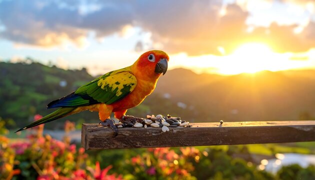 A vibrant parrot, perched on a wooden plank, basks in the golden glow of a sunset over rolling hills and lush vegetation - Powered by Adobe