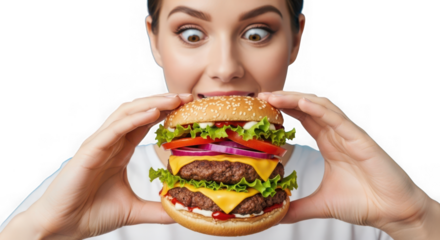 Excited woman with big burger isolated on transparent background for design