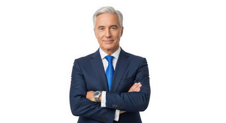Confident senior businessman with arms crossed isolated on transparent background