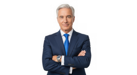 Confident senior businessman with arms crossed isolated on transparent background