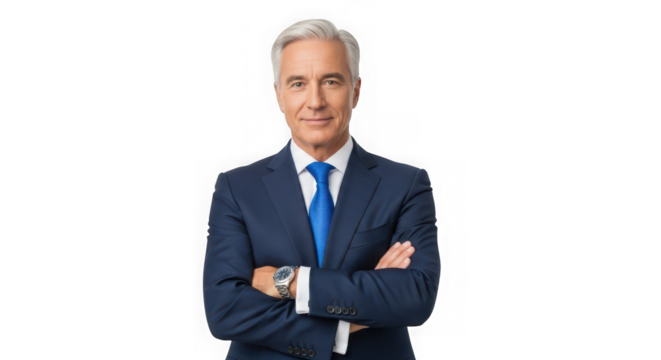 Confident senior businessman with arms crossed isolated on transparent background