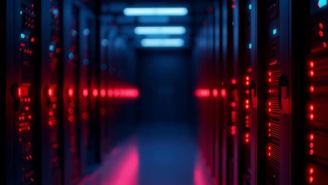 Animated forward movement through a futuristic data center corridor with blinking server lights. Red and blue glowing LEDs on network racks in a dark server room. Big data and technology concept - Powered by Adobe