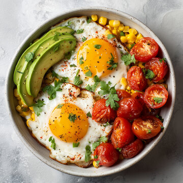 Plato saludable con huevos fritos, aguacate, tomates asados y ma&iacute;z en bowl cer&aacute;mico, ideal para desayuno nutritivo, brunch equilibrado y alimentaci&oacute;n consciente con ingredientes frescos y coloridos.