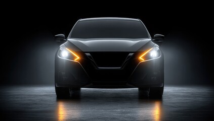 Sleek, black sedan illuminated by headlights and fog lights against a dark background