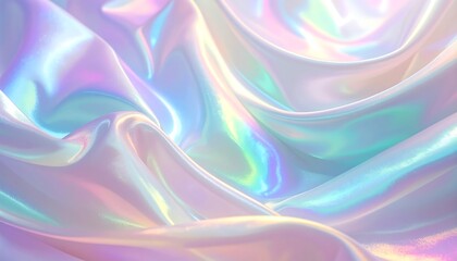 Fototapeta premium Abstract render of draped, iridescent fabric. Soft folds catch and reflect light. Delicate colors create a dreamy, pearlescent glow