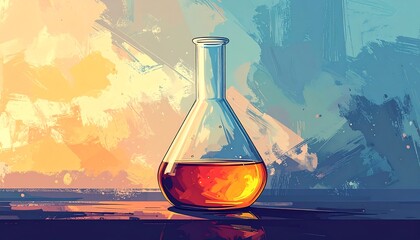 An artistic depiction features a glass flask with a vibrant, amber liquid inside set against an abstract, brushstroke background