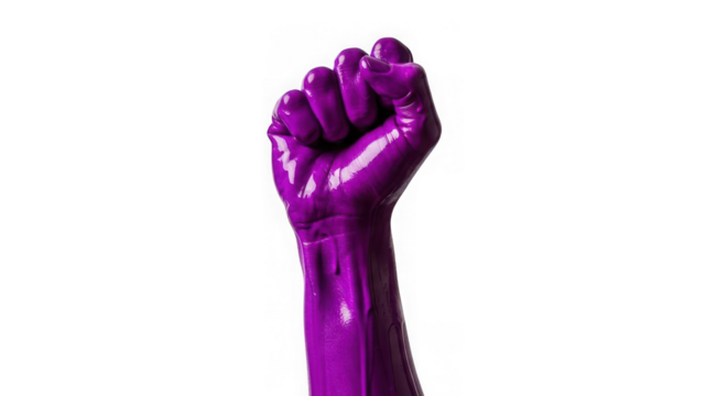 Raised fist painted in purple isolated on transparent background
