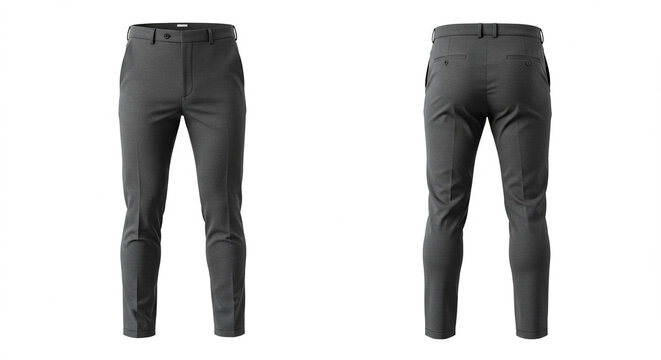 Front and back view of a pair of gray tailored trousers, isolated on white background.