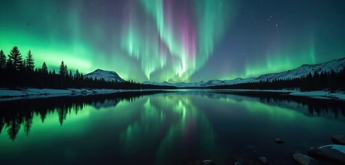 Aurora borealis lights up night sky above snowy mountains, forest. Green, purple aurora reflected in calm lake water. Stars shine in dark blue sky. Snowy landscape with trees, rocks. Northern lights