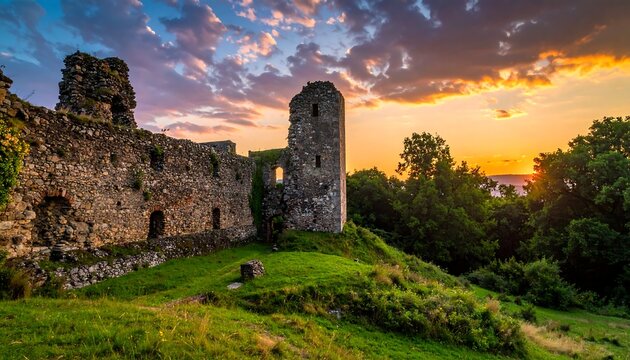 Ancient stone castle ruins silhouetted against a vibrant sunset sky with lush greenery and trees in foreground