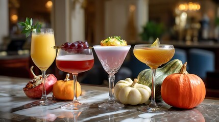 Fototapeta premium Colorful Collection of Seasonal Cocktails on Elegant Marble Countertop with Decorative Gourds