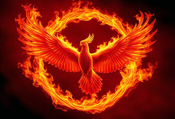 Obraz premium Flaming Phoenix Bird Inside A Circle Of Fire