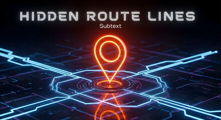 A glowing orange location pin icon stands out on a dark, futuristic digital circuit board with intricate blue route lines, suggesting navigation and hidden paths.
