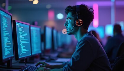 Young programmer in headset codes on computer. Developer works on code typing keyboard. It expert uses digital tech for development in futuristic data center office. Software engineering concept.