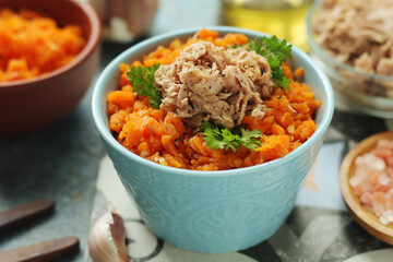 Houria, cooked carrot salad, a traditional dish of Tunisian cuisine	