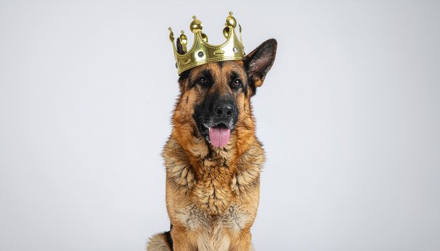 A German Shepherd dog sits proudly wearing a golden crown, looking at the viewer with its tongue slightly out.