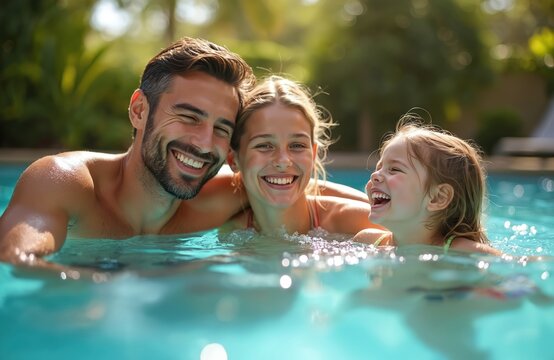 Smiling dad, mom, daughter enjoy sunny day in swimming pool. Happy family laughs, splashes, plays in refreshing cool water. Father, mother, child share joyful summer holiday moment at resort pool,