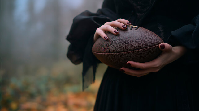 A witch holding an American football in her hands with a foggy forest background on Halloween - Powered by Adobe