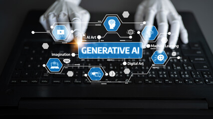 A futuristic setup featuring hands on a laptop keyboard with floating icons representing generative AI, digital art, and machine learning. Suitable for tech themes. Tessel