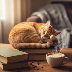 Cozy Cat Napping on Books with Coffee