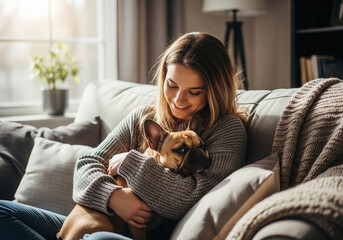 Young Woman Cuddling French Bulldog at Home