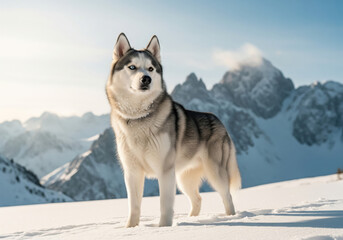 Siberian Husky in Snowy Mountains