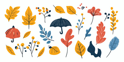 Obraz premium Autumn leaves and berries botanical doodle set with umbrella and floral hand drawn fall season nature sketch vector illustration in flat minimalist style