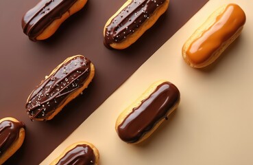 Eclairs with glossy chocolate, caramel glaze form geometric pattern. Eclairs feature sprinkles. Delicious sweet desserts sit on stylish two-tone brown, beige background. Modern French pastries