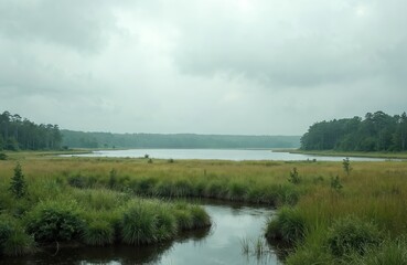 Tranquil photo of a lake scene. Grass and bushes frame calm water body. Forest in distance under overcast sky. Nature landscape photo for print.