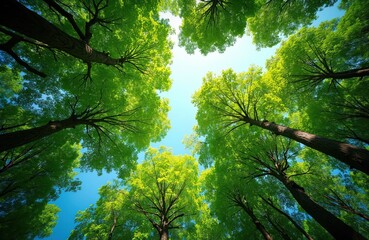 Fototapeta premium Tall trees reach high into bright blue sky. Rich green leaves fill tree canopy above. Sunlight shines through vibrant foliage. Natural forest scene shows growth, fresh air, clear day, green earth.