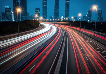 Dynamic Night Highway with City Skyline and Light Trails