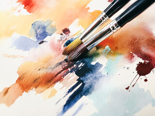 Obraz premium Watercolor illustration with paintbrushes creating vibrant abstract art on textured paper