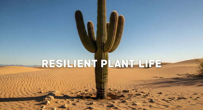 A tall saguaro cactus stands resiliently in a vast, sun-drenched desert landscape with sand dunes under a clear blue sky.