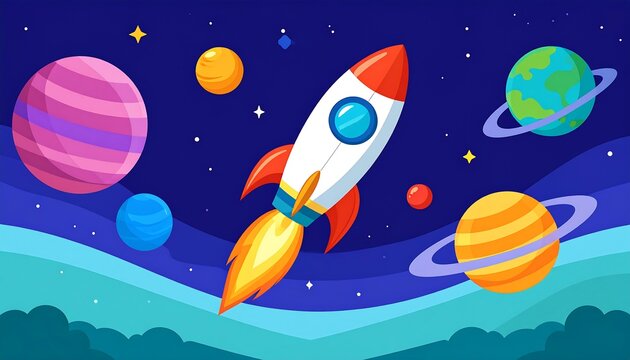 Colorful illustration of a rocket ship soaring through a starry night sky, surrounded by planets and cosmic elements